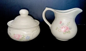 Pfaltzgraff TEA ROSE Cream Pitcher & Sugar Bowl Pink Blue Flowers Stoneware - Picture 1 of 11