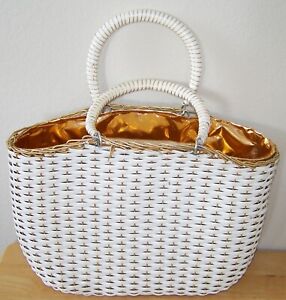 Ritter vintage white wicker gold wire woven basket purse gold lining picnic toto