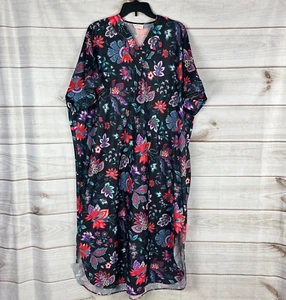 Vintage Carriage Court Black Floral Patio Dress House Muumuu SS Side Slits - Picture 1 of 8