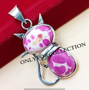 Pink Turquoise Gemstone 925 Sterling Silver Plated Cat 1PC Pendant For Lover - Picture 1 of 3