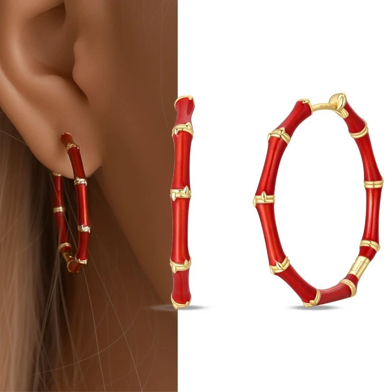 PANDACH 925 Sterling Silver Red Bamboo Segment Statement Hoop Earrings For Women - Image 1 of 4