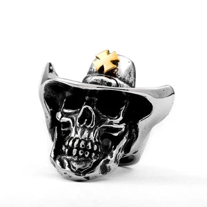 Herren Cowboy Totenkopf Ring Edelstahl Western Biker Gothic Band Größe 6-14 - Bild 1 von 5