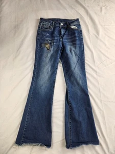 SHEIN Jeans S Women Blue Butterfly Embroidered Rhinestone Flare Raw Hem Denim  - Picture 1 of 12