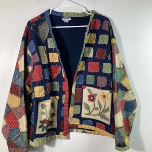 Giacca trapuntata patchwork fatta a mano unica felpa applicazione floreale L - Foto 1 di 9