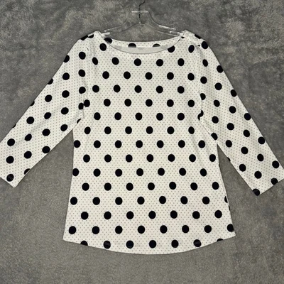 Charter Club Popover Casual Knit Top Women M Lightweight White Blue Gray Dots - Image 1 of 4