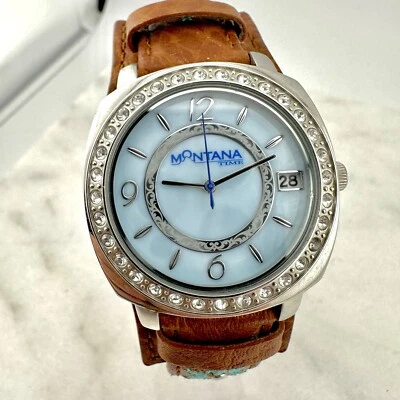 Reloj de puño Montana Time esfera azul bisel de cristal cuero MT1383, batería nueva Foto 1 de 4