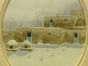 KIMURA 1988 Watercolor/Gouache New Mexico Pueblo in split oval Matte & framed - Picture 1 of 12