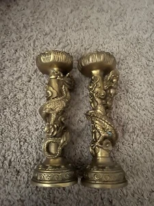 Brass candleholder dragons pair gold color - Picture 1 of 7