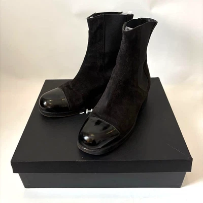 香奈儿 Side Gore 靴子黑色麂皮绒和漆皮女鞋 US 7 EU 37 — 第 1/4 张图片