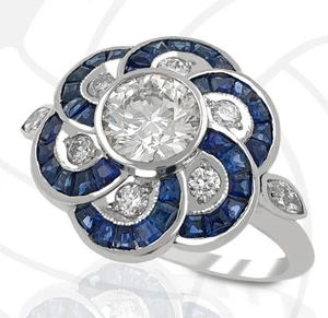 Art Deco Style Platinum Ring Sapphire with Gia Diamonds - Picture 1 of 10