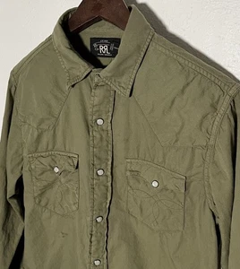 Ralph Lauren RRL Shirt Mens Small Green Western Pearl Snap Long Sleeve Rodeo - Picture 1 of 14