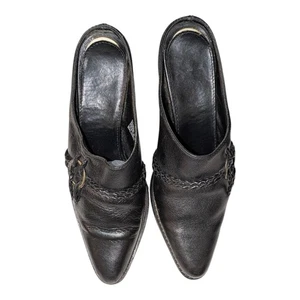 Women's Leather Slip On Pointed Chunky Heel Shoes Black Mules Size 7 - Picture 1 of 8