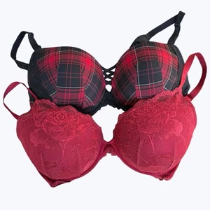 (2) Torrid 42D Push Up Plunge Bra Red Plaid & Lace w/ Accenting Lace Straps - Picture 1 of 10
