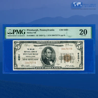 1929 $5 Mellon National Bank Of PITTSBURGH, PA, Charter #6301, PMG VF 20 - Image 1 of 3