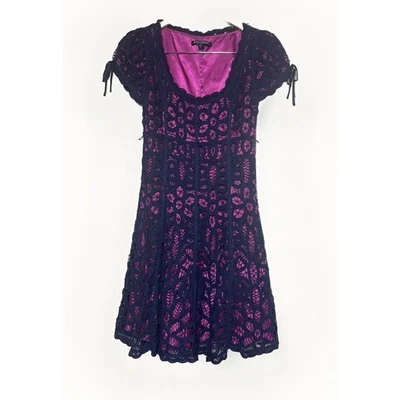 Mini Vestido Betsey Johnson NYC Vintage Croquet Azul Marino Rosa Caliente Crochet Seda Talla 4 Foto 1 de 4