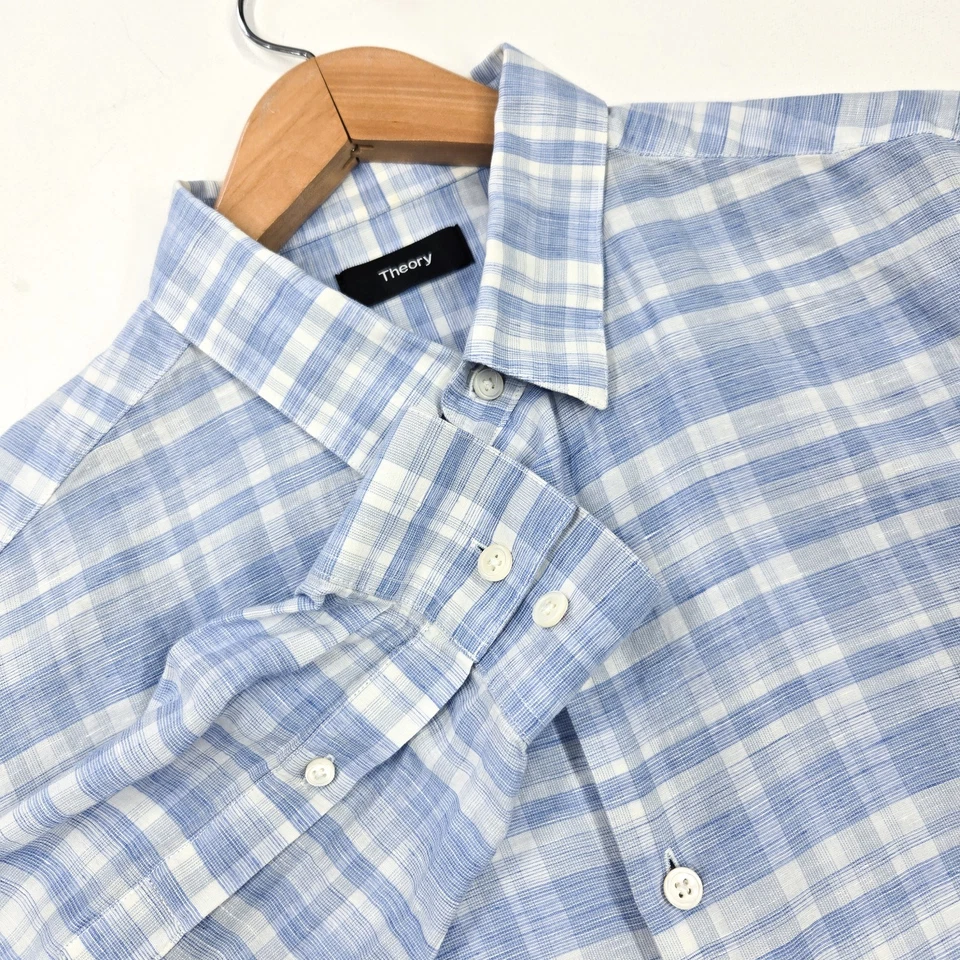 Theory Mens Large L Linen Blend Blue White Gingham Check Button Shirt - Image 1 of 4