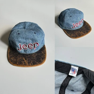 Años 90 Raro De Colección Jeep Azul Denim Sombrero Genial Visera Cuero Pátina Sombrero Gorra EE. UU. Foto 1 de 4