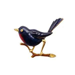 Brooch Bluebird Of Happiness Red Breasted Perched Enamel Gold Tone - Picture 1 of 5