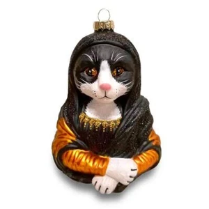 Meowna Mona Lisa Tuxedo Cat Ornament Glass Made in USA Gift Boxed Year Round - Picture 1 of 1