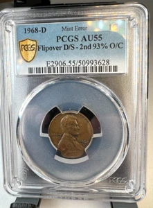 1968 D Lincoln Penny Cent, 1C, Flipover D/S 2nd 93% Off Center, PCGS AU 55 ERROR - Picture 1 of 6
