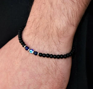 Greek Turkish Evil Eye Black Agate 4mm Bead Stone Blue Lapis Stretch Bracelet - Foto 1 di 6