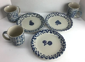3 platos de ensalada artesanal popular de Tienshan y 3 tazas cereza pera uvas #R20A azul - Imagen 1 de 6