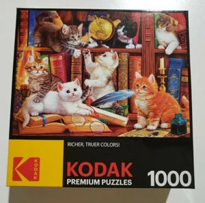 Kodak 1000 Piece Jigsaw Puzzle LIBRARY MISCHIEF kittens book feather shelves new - Picture 1 of 10