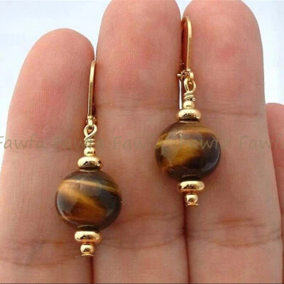 Pendientes colgantes naturales ojo de tigre amarillo de 10 mm para monedas gemas cuentas con palanca Foto 1 de 4