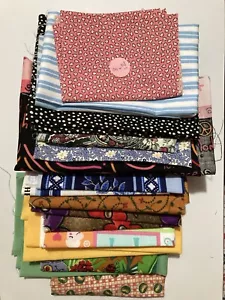 Lot of 14 Fabric Scraps Fruit Bugs Baby Animals Peace Love Stripe Solids - Picture 1 of 5