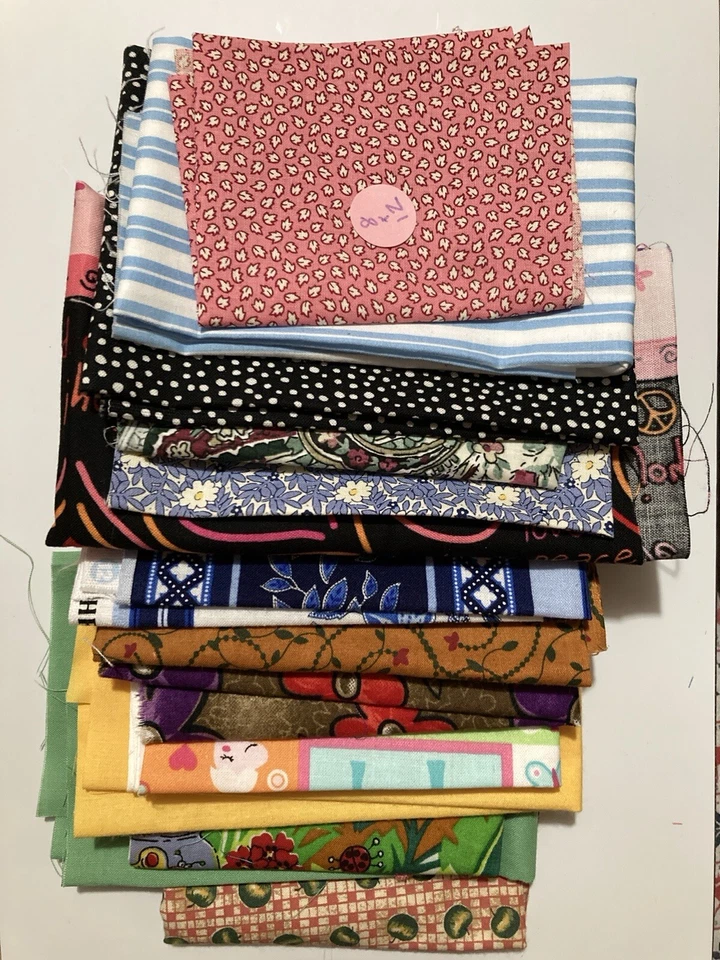Lot of 14 Fabric Scraps Fruit Bugs Baby Animals Peace Love Stripe Solids - Image 1 of 4