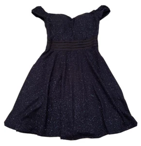 Sequin Hearts A-line Dress Coquette Dark Blue Sz 3 Junior Sparkles Off-Shoulder - Picture 1 of 9