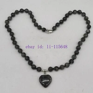 Elegnat 8mm Black Labradorite Round Gems Bead Heart Pendant Necklace 18" Gift - Picture 1 of 4