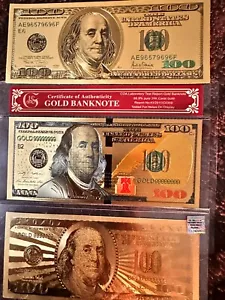 3 CoA Certified 15 Gram Fine 999 Gold 24K Ingot $100 Banknote Franklin Ingot Bar - Picture 1 of 7
