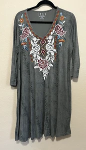 Caite Snakeskin Dress Embroidered Vneck Large Floral 3/4 Sleeve Midi - Picture 1 of 7