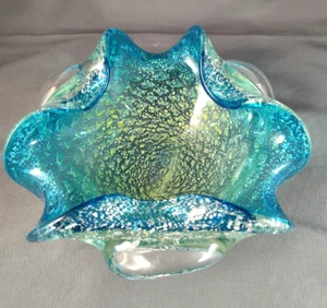 Vintage 1950s Murano Glass Archimede Seguso Bullicante Bowl Blue Yellow Silver - Picture 1 of 20