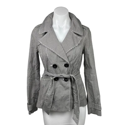Halogen Black White Gingham Check Double Breasted Tie Belt Trench Jacket Sz XS - Image 1 of 4