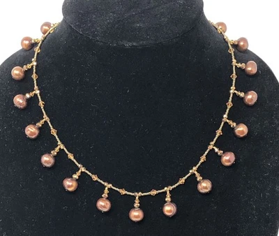 Pearl Necklace Ringed Brown Baroque Dangle Beaded Crystal - 18 inch Length - Image 1 of 4