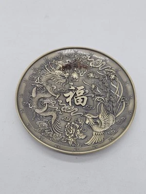 Plato antiguo de dragón y fénix de cobre puro Foto 1 de 3