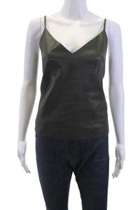 BCBG Max Azria Womens Faux Leather Spaghetti Strap V Neck Tank Top Green Size Me - Picture 1 of 5