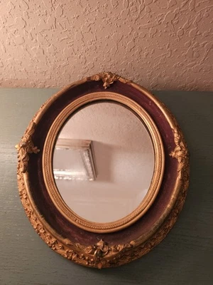 Antique Victorian HandCarved Gilted Wood Accent Mirror, Oval, Ornate-Very Good - Image 1 of 4