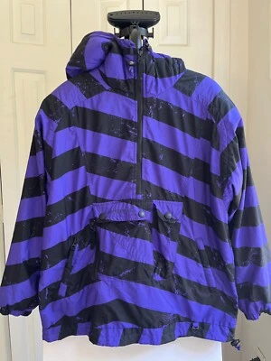 Abrigo Pullover Obermeyer Púrpura Negro Rayas Popover Esquí con Bolsillos, Talla S Foto 1 de 4