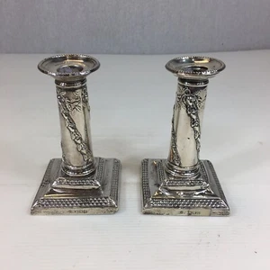 Antique Sterling Silver Pair Of Dwarf Candlesticks Corinthian Style A/F Damaged  - Picture 1 of 12