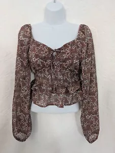 NEW No Comment Juniors Size Small Floral Blouse Peplum Long Sleeve Tie Cropped - Picture 1 of 9