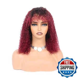 14inch 1B/99J Short Curly Bob Wig with Bangs Human Hair None Lace Wigs Remy Hair - Picture 1 of 12