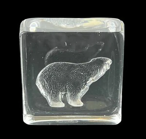 Vintage Hadeland Norway Lead Crystal Polar Bear Block Paperweight 2 1/2" x 2 1/2 - Picture 1 of 7