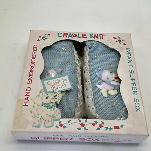 Infant Slipper Sox Blue Wool Blend Knit Leather Sole S 6 Japan W Box Vintage New - Picture 1 of 6