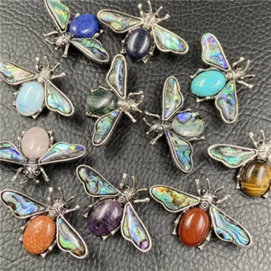 10PCS Bee Mixed Natural Stone Body Abalone Wings Vintage Silver Pin Brooch - Picture 1 of 12