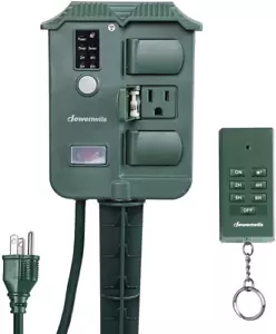 Outdoor Power Stake Timer Waterproof Remote 6 Outlets 6ft Cord Dusk to Dawn NEW - Picture 1 of 8