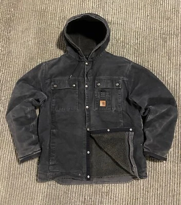 Ropa de trabajo vintage negra con capucha Carharrt lana desvanecida perfecta etiqueta interior M pero se adapta a L Foto 1 de 4