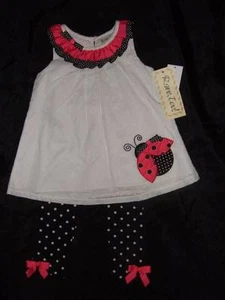 NWT RARE TOO! White black pink ladybug top Black white polka dot leggings 24 mos - Picture 1 of 5